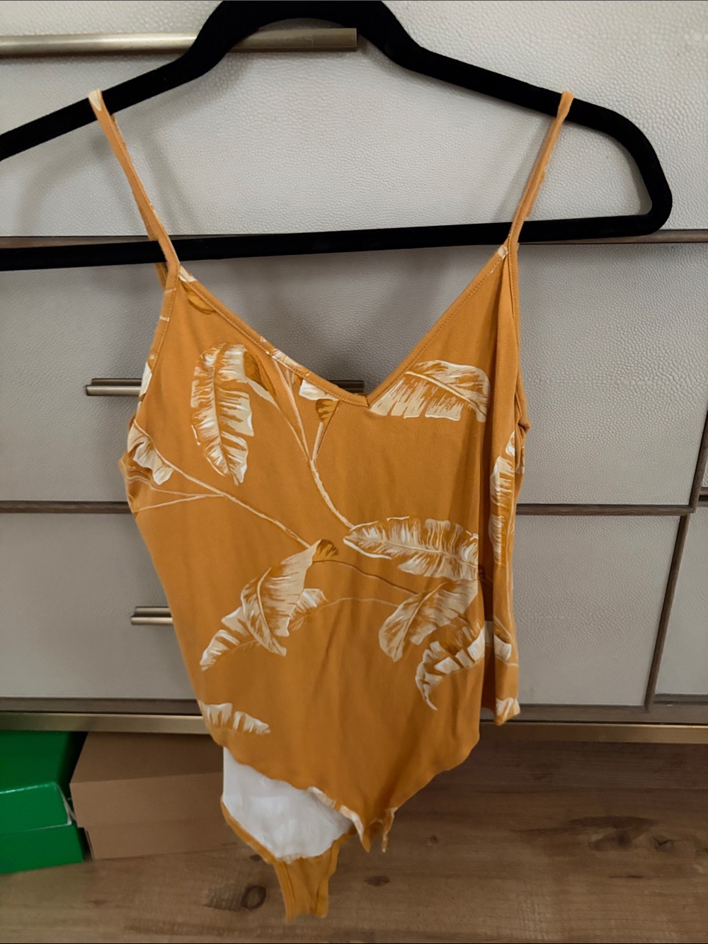 H&M Yellow Leaf-Print V-Neck Bodysuit